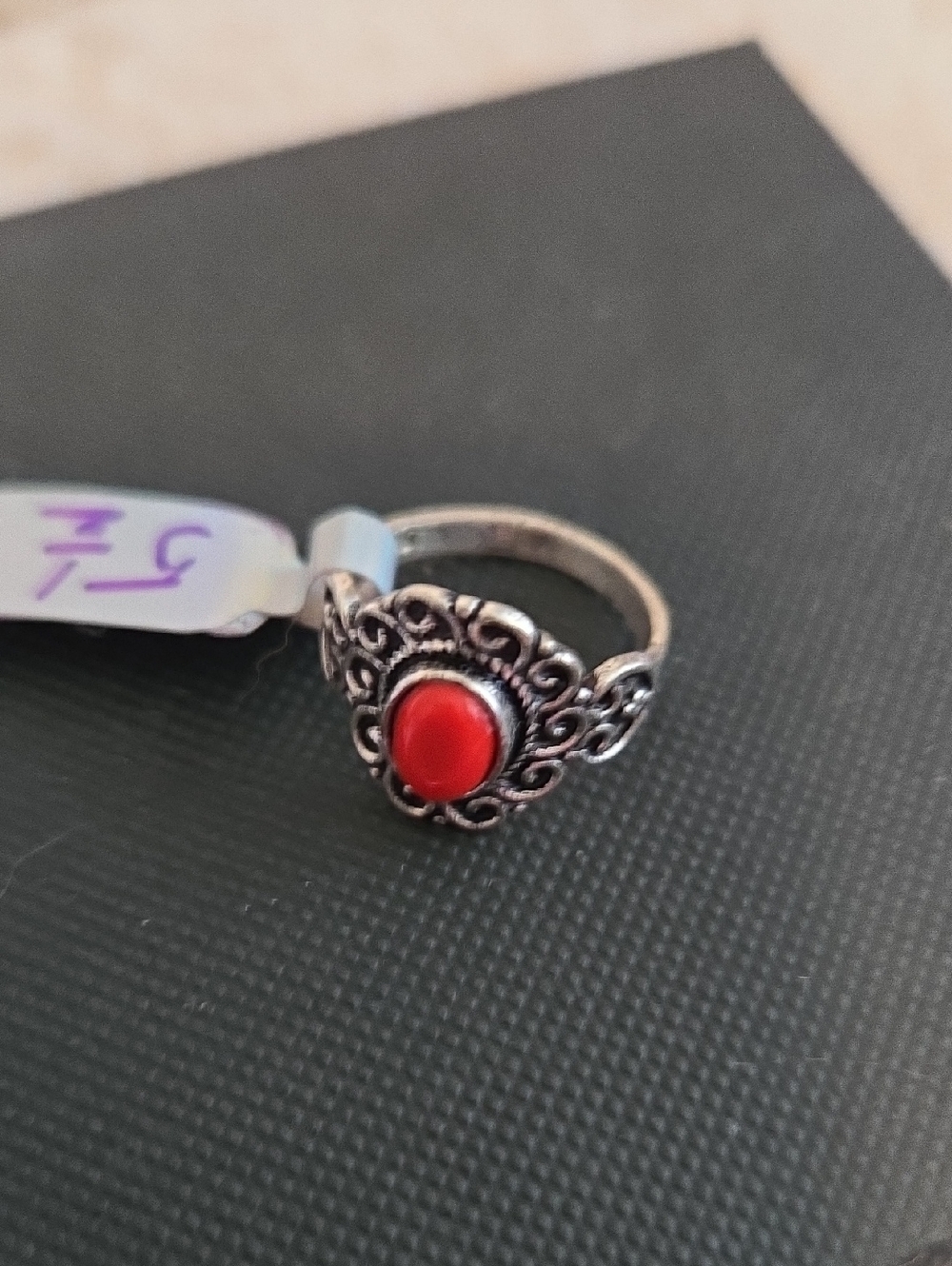 Vintage-Style Sterling Silver 925 Ring with Red Cabochon